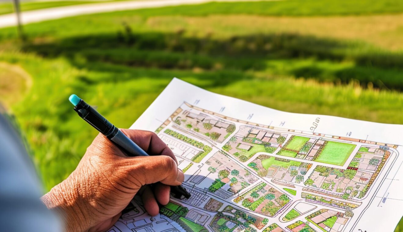 Group of urban planners discussing sustainability, sketching detailed city layouts with nature-focused designsл
