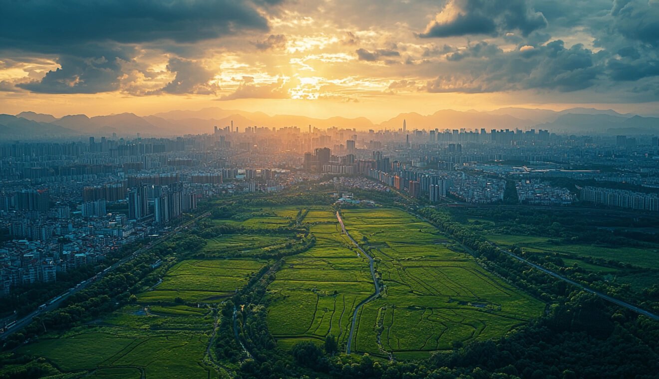 sunset-vibrant-green-field-sprawling-city-skyline